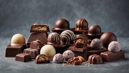 A variety of chocolates and confections, including truffles and pralines, arranged on a surface with some broken pieces and cocoa powder.