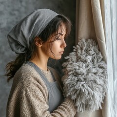 Young Woman Cleaning Window, Pensive Expression, Beige Outfit, Grey Dust Mop, Indoor Setting