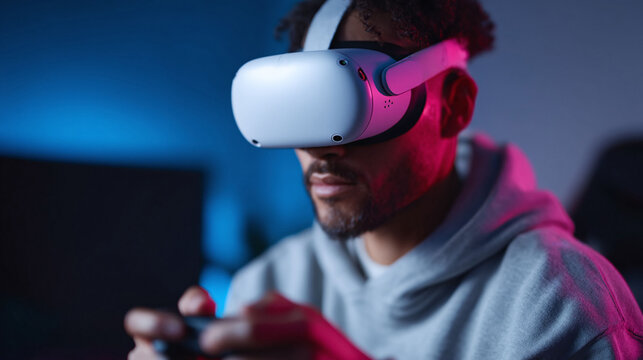 Immersive future. Person using VR headset, exploring digital worlds. Neon lighting, focus, technology, and entertainment concepts. Perfect for tech or gaming themes. - Powered by Adobe