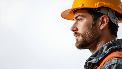 Confident worker with a beard wearing a yellow hard hat looks to the distance against a neutral background with plenty of space.
