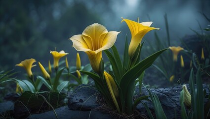 Obraz premium Cluster of yellow calla lilies growing on dark soil in a misty garden.
