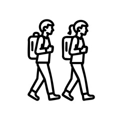 Two stylized people walking with backpacks isolated on transparent background
