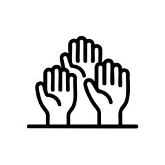 Three raised hands reaching up together in unity and support isolated on transparent background