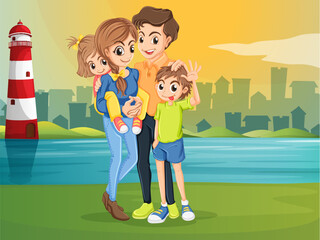 Set of happy traditional heterosexual families with children. Smiling mother, father and kids. Cute cartoon characters isolated on white background. Colorful vector illustration in flat style.