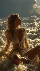 Young Woman Resting on Golden Cloudscape