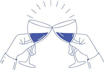 Cheers celebration line art with two hands clinking champagne glasses, fireworks, and streamers, perfect for party invitations, festive announcements, New Year designs, or joyful occasions.	