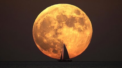 Sailboat at sea with large, orange full moon.