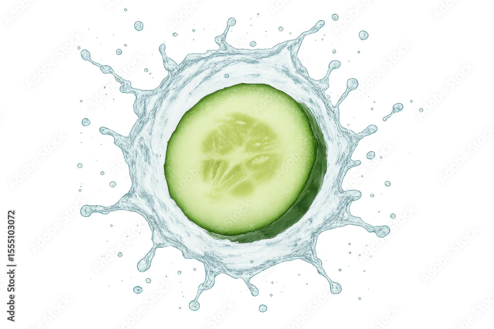 Poster cucumber slice splashing into pristine water, illustrating crisp vegetable freshness and clean hydra