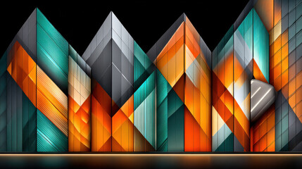 Fototapeta premium Modern building exterior red yellow black geometric design concept. Colorful geometric facade with modern abstract pattern and vibrant lighting design