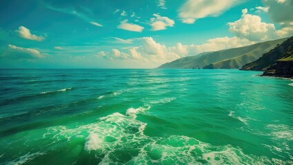 Fototapeta premium A scenic view of ocean waves with mountains in the background under partly cloudy sky