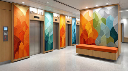 Modern building exterior red yellow black geometric design concept. Colorful abstract mural decorates modern elevator lobby with vibrant geometric wall panels