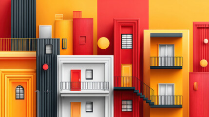 Naklejka premium Modern building exterior red yellow black geometric design concept. Colorful modular facade with red, yellow, black panels and geometric modern architecture