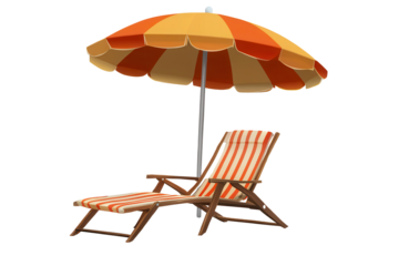 Brightly colored beach chair with sun umbrella set for relaxation on a sunny day near the shore
