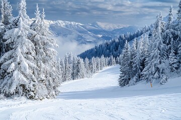 Snowy Mountain Escape Winter Wonderland Adventure Ski Slope Evergreen Trees Snow Covered Peak Landscape Beauty in Nature