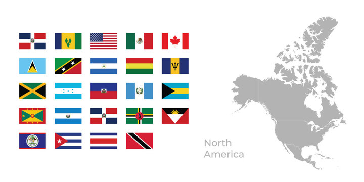 Vector Map of North America with Regional Borders and All African Country Flags