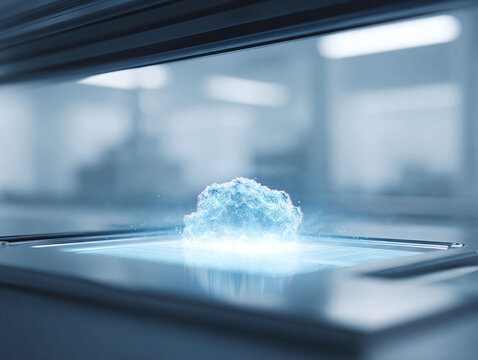 Futuristic technology concept featuring a glowing, particle cloud under glass. Evokes innovation, research, science, data, and technological advancement.
