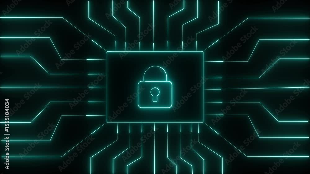 Poster futuristic neon circuit board with padlock symbolizing data security and digital protection.circuit 
