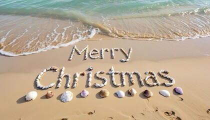 Text 'Merry Christmas' arranged with seashells on a sandy beach. Gentle waves lap at the shore, creating a holiday atmosphere.
