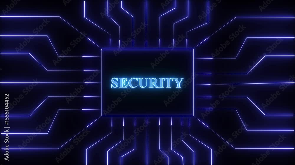Poster animated neon circuit board design highlighting security technology with glowing lines and text.