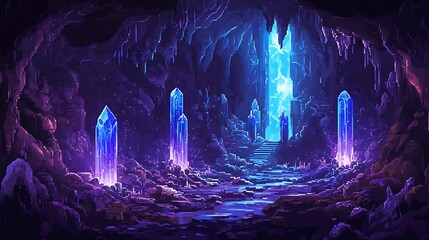 Mystical Crystal Cave: Venture into a mesmerizing, luminescent cave adorned with radiant crystals, leading to a portal of vibrant light, evoking a sense of wonder and fantasy.