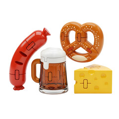Festive arrangement of food and drink including sausage pretzel cheese and beer mug isolated against a transparent background