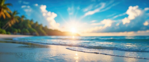 Fototapeta premium Sunset over a tropical beach with palm trees, ocean waves, and a bright sky. Scenic coastal landscape with natural beauty.