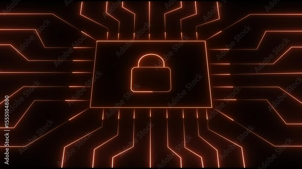 Poster digital security illustration with glowing circuit board lines and an illuminated lock symbol displa