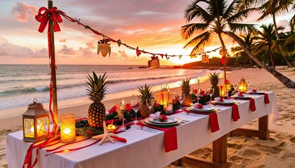Christmas party table on sandy beach at sunset with pineapples, candles, lanterns, plates, glasses, and holiday decorations.