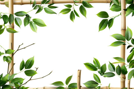 Bamboo Frame with Lush Green Leaves Nature Inspired Design Element on transparent background	