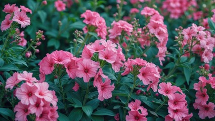 Fototapeta premium Cluster of pink flowers in bloom surrounded by green leaves in a lush garden setting.
