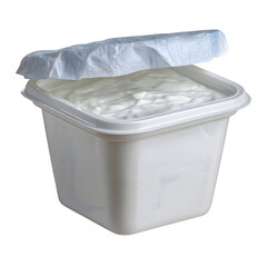 A white plastic tub filled with creamy white yogurt and partially opened lid isolated on transparent background