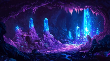 Mystical Cave Sanctuary: Step into an ethereal cave adorned with radiant crystal formations, the interplay of light and shadow creating a serene and otherworldly environment.
