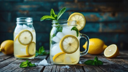 Fototapeta premium Fresh lemon water with ice, mint, and lemon slices in glass jars, arranged on a rustic wooden surface with whole lemons and mint leaves.