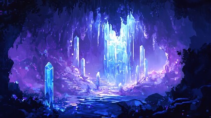 Crystal Cave Fantasy: An ethereal crystal cave glows with vibrant purple and blue light, towering crystal formations illuminate a mystical path.