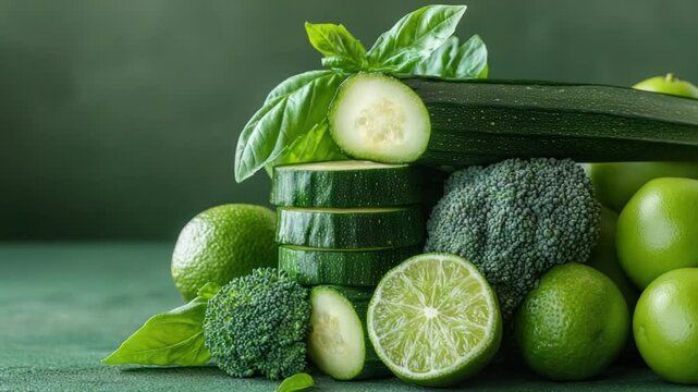 Fresh green vegetables and fruits arranged on a dark green surface