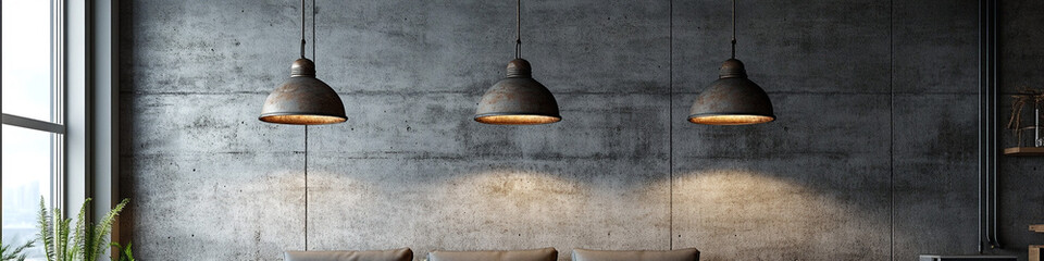 Fototapeta premium Industrial chic living room with concrete wall and hanging lights