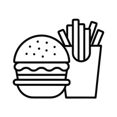 Burger and French Fries Line Art Icon – Minimalist Fast Food Combo Illustration for Menu Design, Restaurant Logo, or Delivery App UI
