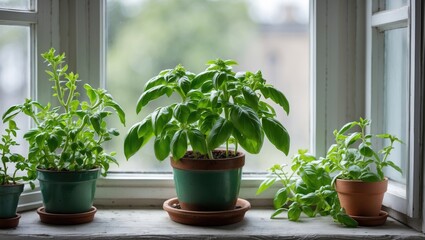 Fototapeta premium Different potted plants on windowsill with lush green foliage inside a house. Gardening and indoor plants, concept. Nature and growth. The idea of home gardening and plant care.
