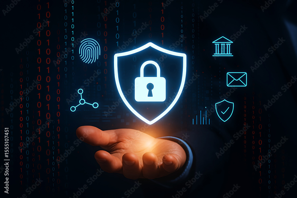 Poster human hand holding glowing digital security icons and binary code background