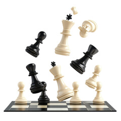 Falling chess pieces on the board isolated on a white transparent background, cutout