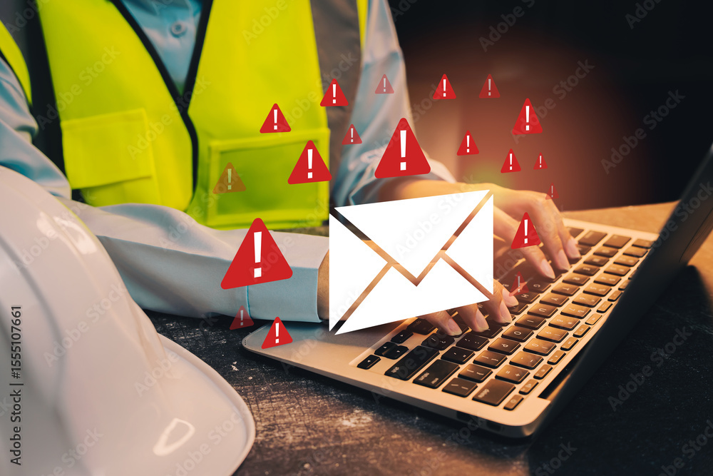 Poster email concept. person in safety vest using laptop with warning symbols and email notification in a c
