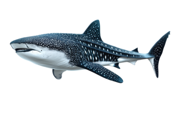 Majestic whale shark swimming gracefully in open water with a pristine isolated background under soft sunlight