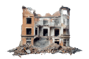 Destruction of an abandoned building with rubble surrounding it captured against a transparent background