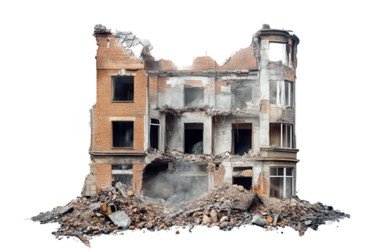 Destruction of an abandoned building with rubble surrounding it captured against a transparent background