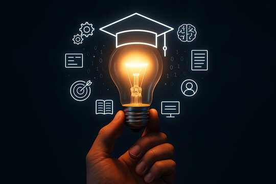 Hand holding a glowing light bulb with educational and business icons