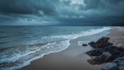 A stormy seascape with cloudy sky, ocean waves, shoreline, and rocks on the beach.