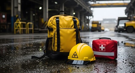 Fototapeta premium Industrial Safety Essential Gear for Workplace Preparedness - Backpack, Helmet, First Aid Kit