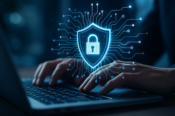 Digital shield with lock symbol and circuit board overlay on person typing