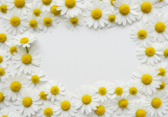 Fototapeta premium Daisies framing a white background creating a floral border with yellow centers and white petals