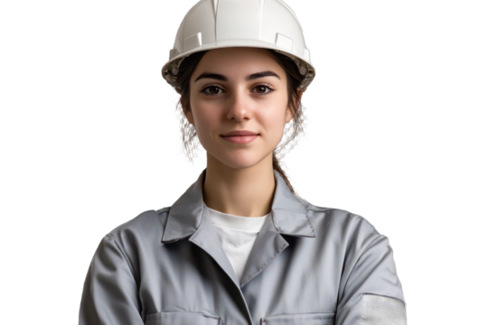 Confident young woman wearing a white hard hat and gray work uniform stands proudly in front of a construction site, showcasing her dedication to her profession